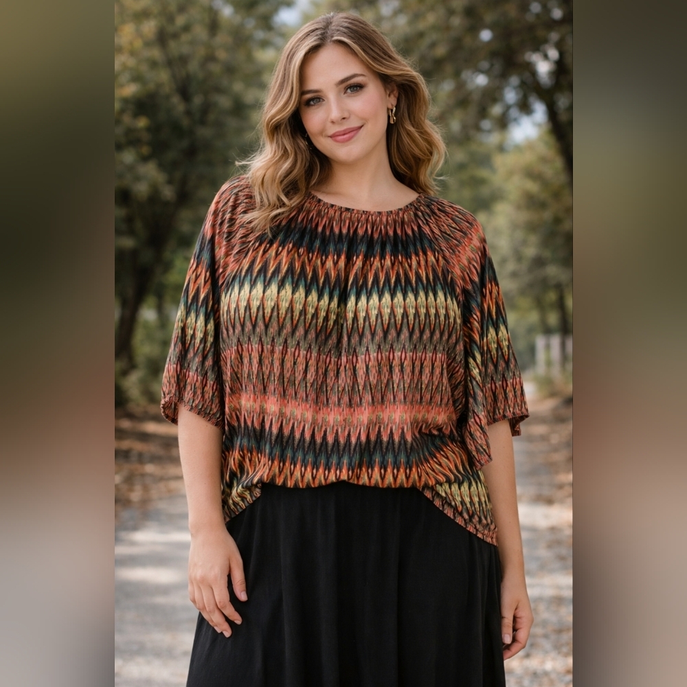 Boho Ikat Print Blouse 2X Oversized Flowy Top